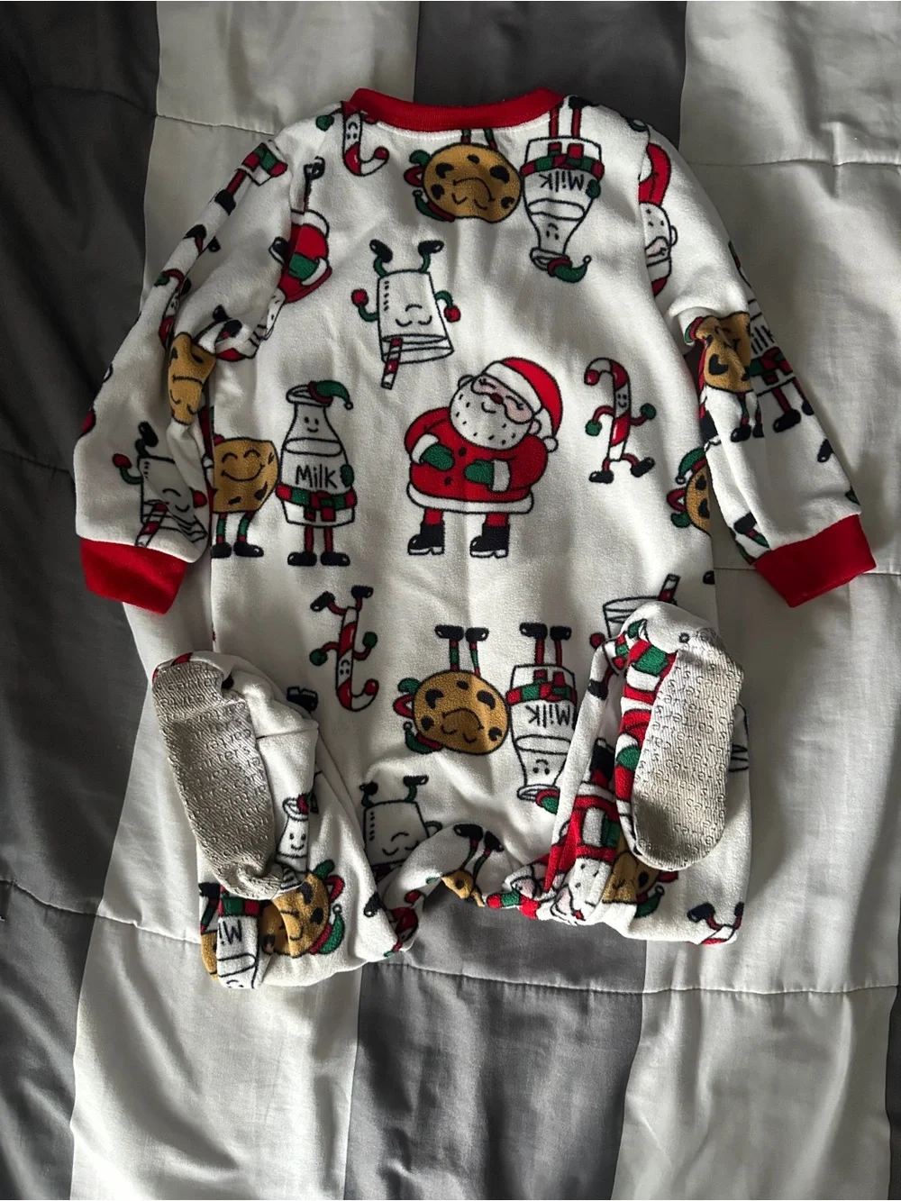 Kids Holiday Footed One-Piece Pajamas - White with Red Trim